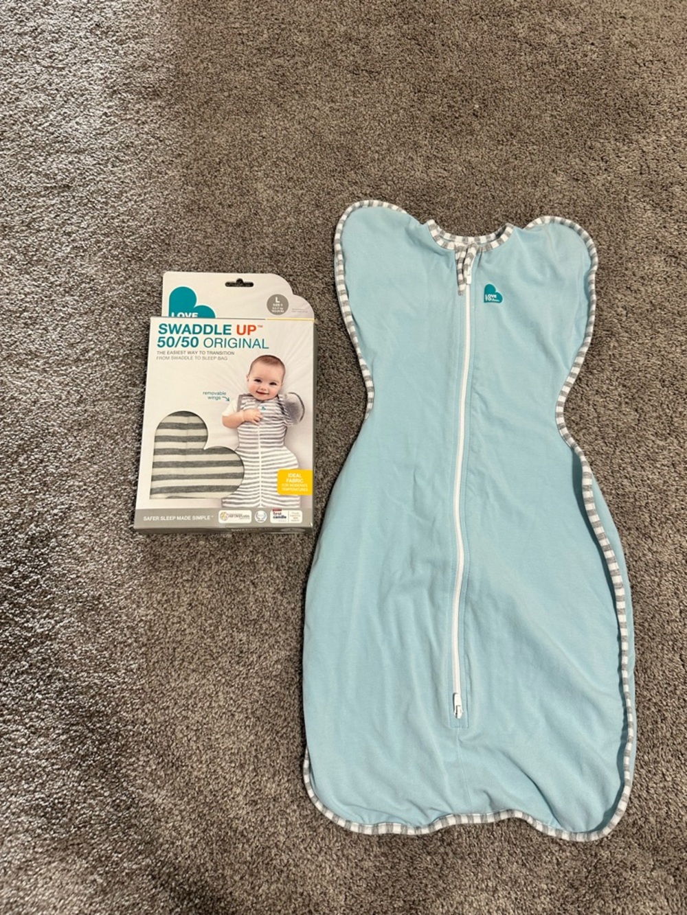 Love Light Blue Baby Sleep Sack with Striped Trim